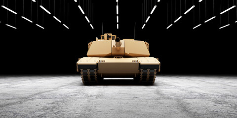 Heavy Military Tank on concrete floor at hangar with lamps illumination