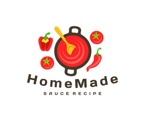 Making sauce, cooking sauce in a saucepan, logo design. Food, vegetables, tomatoes, spicy pepper, hot pepper and bell pepper, vector design and illustration