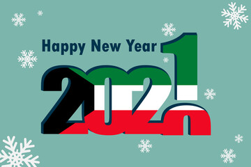 New year's card 2021. Depicted: an element of the flag of Kuwait, a festive inscription and snowflakes. It can be used as a promotional poster, postcard, flyer, invitation or website.