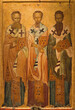 Ancient icon of the Three Hierarchs, church fathers - Basil the Great,  Gregory the Theologian and John Chrysostom. Thessaloniki, Greece, 14th cent.