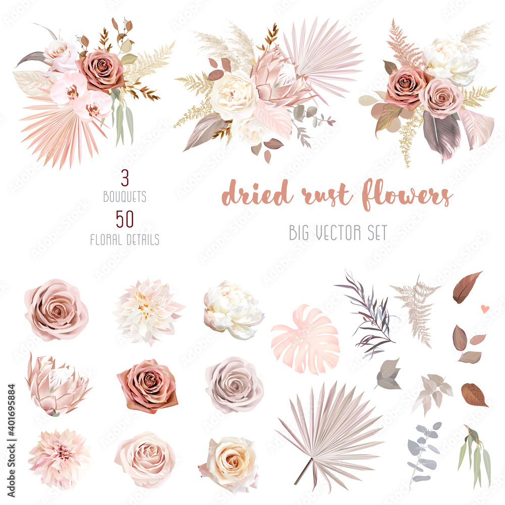 Trendy dried palm leaves, blush pink and rust rose, pale protea - obrazy, fototapety, plakaty 