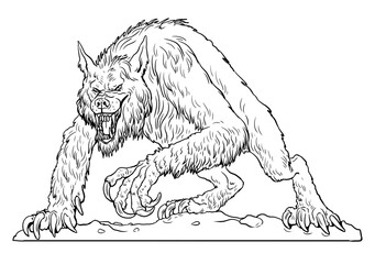 Sticker - Werewolf howls on moon drawing. Fantasy monster coloring template.	