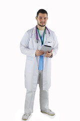 Wall Mural - Portrait of a confident doctor with tablet isolated on white background