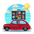 © Andreas - Classic retro car holiday vacation road trip carry big suitcase on the roof big vector illustration.