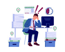 Stressed Worker. Burnout Cartoon Character Worried About Deadline. Frustrated And Anxiety Employee. Hard Work In Office, Isolated Busy Unhappy Man And Stacks Of Paper On Desk. Vector Flat Illustration
