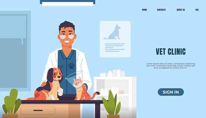 Aufkleber - Vet clinic landing page. Website template with cartoon veterinarian, pet owner and domestic animal. Medical service for cats or dogs, treatment and health care. Vector web interface colorful design