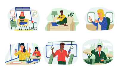 Poster - Scenes with smartphones. Cartoon people using mobile at home and school, outdoor and in transport. Young men and women call or exchange messages in chat and take selfies. Phone addiction, vector set