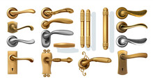 Golden Door Handles. 3D Decorative Interior Elements From Steel Or Silver And Bronze Metal. Realistic Metallic Furniture For Windows. Classic And Ornamental Knobs With Keyhole. Vector Isolated Set