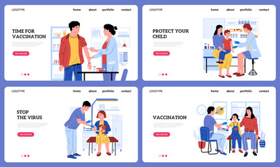 Aufkleber - Vaccination landing page. Cartoon people get injections of vaccine in hospital. Doctors give inoculation to patients. Website interface. Prevention of contagious diseases. Vector web templates set