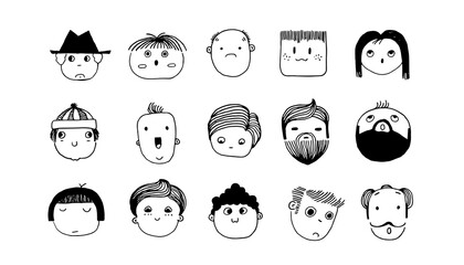 Minimal doodle avatars. Hand drawn human faces. Cartoon outline young or adult characters with headgear and hairstyles, beards or mustaches. Isolated black and white sketches, vector web profile set