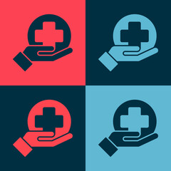 Sticker - Pop art Cross hospital medical icon isolated on color background. First aid. Diagnostics symbol. Medicine and pharmacy sign. Vector Illustration.