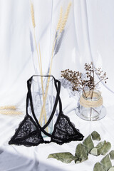 Canvas Print - A shot of black lace bra on a white surface with a beautiful modern design - still life photography