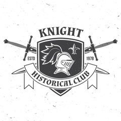 Knight historical club badge design. Vector illustration Concept for shirt, print, stamp, overlay or template. Vintage typography design with knight helmet, swords and shield silhouette.