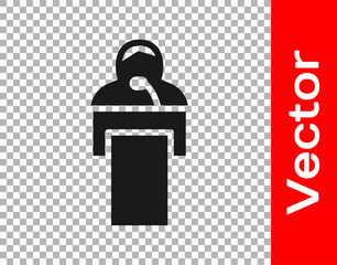 Sticker - Black Gives lecture icon isolated on transparent background. Stand near podium. Speak into microphone. The speaker lectures and gestures. Vector.