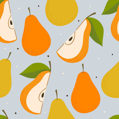 Wall Mural - Seamless pattern with hand drawn pears and leaves for fabric, textile, wrapping, apparel, wallpaper. Kids background with fruits.