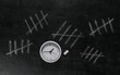 © splitov27 - Chalk Tally Number Counting Mark on the Classroom Blackboard with clock. The passage time concept