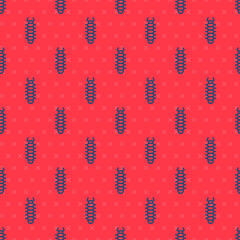 Blue line Centipede insect icon isolated seamless pattern on red background. Vector.