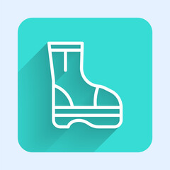 Sticker - White line Fire boots icon isolated with long shadow. Green square button. Vector.