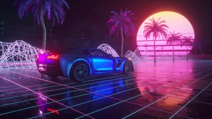 Wall Mural - 80s retro background 3d animation. Futuristic car drive through neon abstract space. Retrowave seamles loop 3d render.