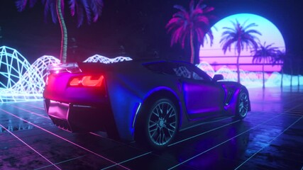Wall Mural - 80s retro background 3d animation. Futuristic car drive through neon abstract space. Retrowave seamles loop 3d render.