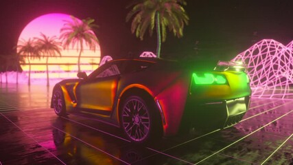 Wall Mural - 80s retro background 3d animation. Futuristic car drive through neon abstract space. Retrowave seamles loop 3d render.