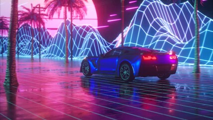 Wall Mural - 80s retro background 3d animation. Futuristic car drive through neon abstract space. Retrowave seamles loop 3d render.