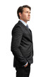 © VideoFlow - Businessman in black suit standing on isolated over white background. Profile shot of young businessman hands in pockets, confident serious look