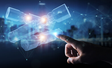 Poster - Man hand holding and touching green renewable energy battery 3D rendering