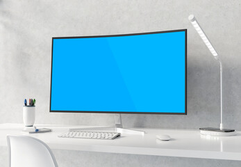 Wall Mural - curved monitor on white desktop and concrete interior mockup 3d rendering