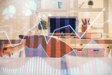 Double exposure of financial graph drawing and office interior background. Concept of stock market.