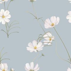 floral seamless pattern, white and pink cosmos flowers with green leaves on grey