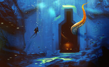 Digital Illustration Painting Design Style A Man Diving To Ancient Cave, Against Giant Monster.