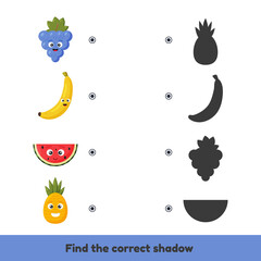 Wall Mural - Matching game for kids preschool and kindergarten age. Find the correct shadow. Cute fruits.