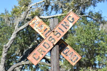 Rusted Railroad Crossing Train Sign In Sunshine In Folkston Georgia