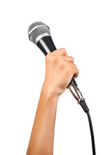 Male Hand Holding Microphone With Clipping Path Isolated On White Background