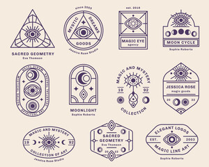 eye, sun and moon abstract logo set, branding design template, trendy line art minimal style. vector