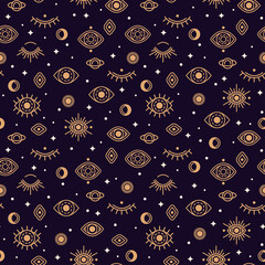 Seamless Pattern with Close and Open Eye, Moon and Sun. Vector illustration. Gold Alchemy Symbols, Occult and Mystic Signs on Black Night Background with Stars.