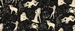 Seamless pattern - signs of the zodiac. Gold illustration of astrological signs on a dark background. Magical illustrations of women and animals in the blooming sky.