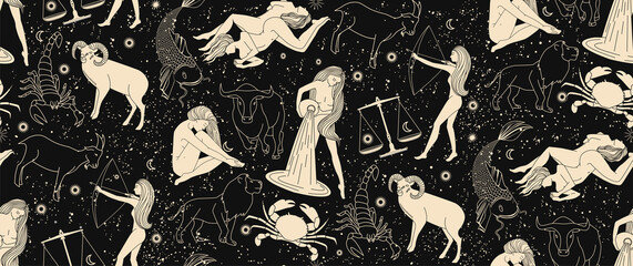 seamless pattern - signs of the zodiac. gold illustration of astrological signs on a dark background