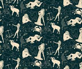 Wall Mural - seamless pattern - signs of the zodiac. silhouettes of golden color astrological signs on a dark bac