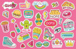 Fashioned girl badges, stickers with rainbow and burger, sneaker and glasses, lipstick and watermelon. Pins and patches isolated on pink background in comic style vector illustration