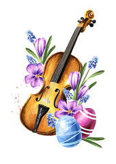 Retro wooden brown violin and spring flowers. Happy Easter concept. Hand drawn watercolor illustration isolated on white background