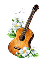 Wooden Guitar Music String Instrument And Jasmine Flowers. Music Of Spring Concept. Hand Drawn Watercolor Illustration Isolated On White Background