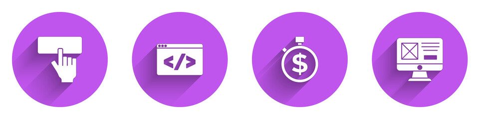 Set Keyboard, Front end development, Time is money and UI or UX design icon with long shadow. Vector.