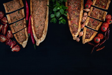 Wall Mural - Traditional Turkish food, lahmacun and kiymali and kusbasili pide