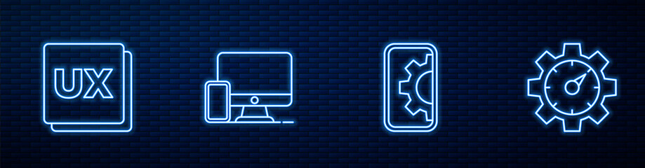 Set line Web development, UI or UX design, Monitor and mobile and Website statistic. Glowing neon icon on brick wall. Vector.