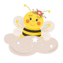 Cute Bee On A Cloud. Vector Illustration In Flat Style.