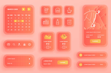 Aufkleber - GUI elements for food delivery mobile app. Online food order and catering service user interface generator. Unique ui ux design kit vector illustration. Schedule, menu and route on map components.