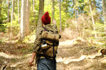 Wall Mural - A man traveler walks through the woods. Beautiful wild nature landscape in forest. Hiking journey on tourist trail. Outdoor adventure. Travel and exploration. Healthy lifestyle, leisure activities