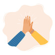 Two hands clapping in high five gesture. Multicultural people putting hands together. Teamwork, friendship, unity, help, equality, support, partnership, community concept. Vector illustration.